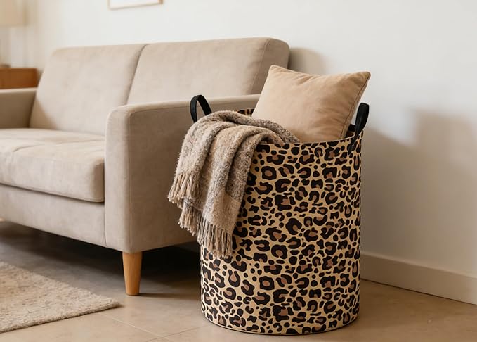 ESSME Kids Laundry Basket,Leopard print Hamper Collapsible Canvas Storage Bin for Girls, Cute Hamper,Gift Baskets(Leopard print)