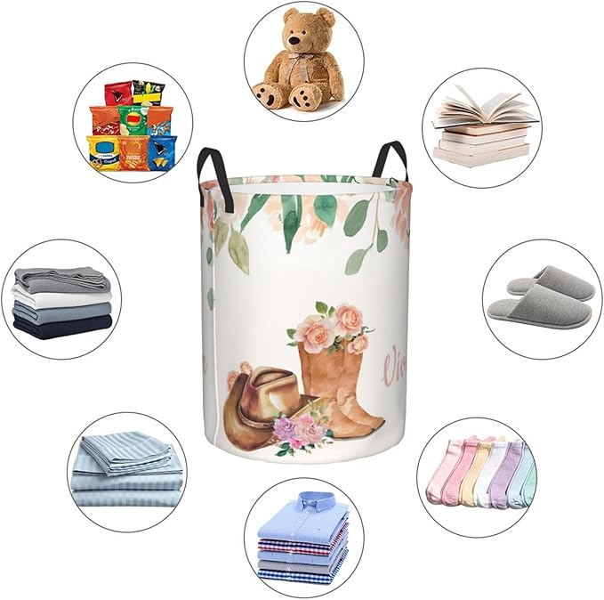 Personalized Laundry Basket for Nursery, Custom Nursery Laundry Hamper with Name, Customize Baby Clothes Circular Hamper for Boys Girls Room Decor, Cowgirl