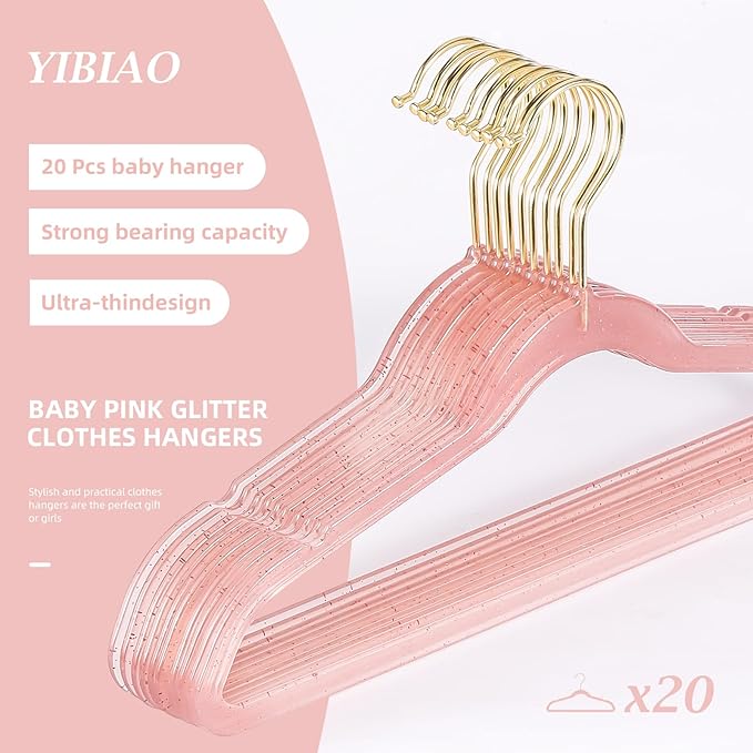Baby Glitter Hanger 20 Pack,13.97" Kids Toddler Hangers for Closet, Pink Sparkling Plastic Baby Clothes Non-Slip Space Saving Hangers for Dress Up,Large Girl's Pink Hanger