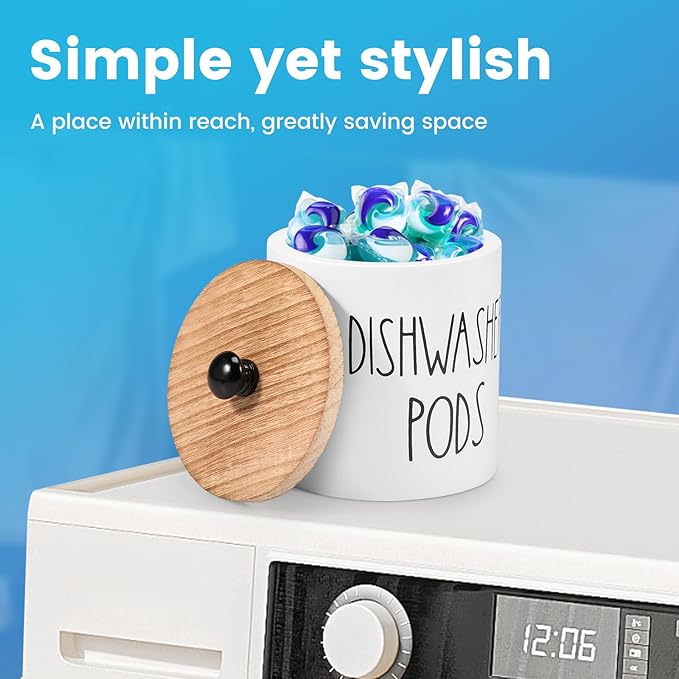 Round Dishwasher Pods Container, Wooden Laundry Pod Holder with Lid, White