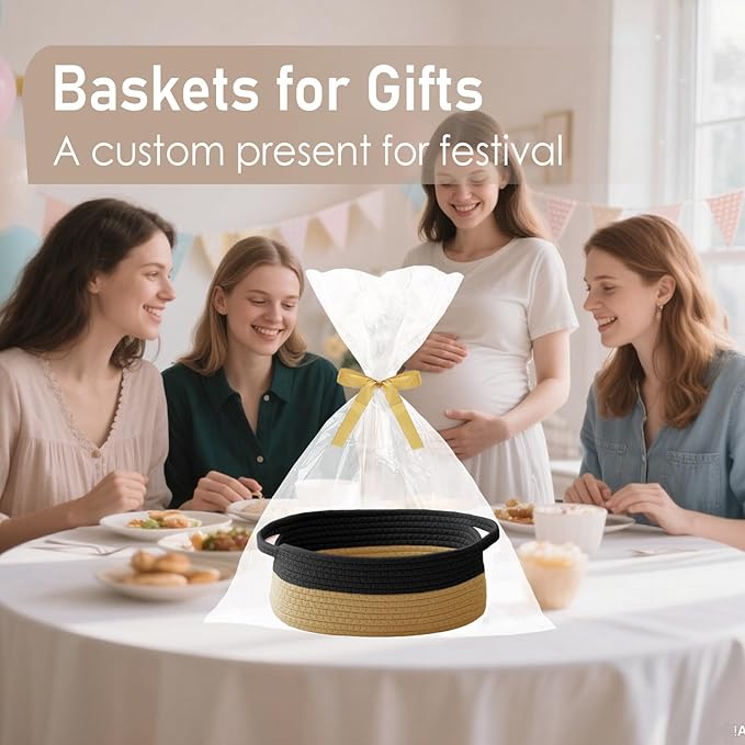 Woven Basket,Small Rope Storage Bin with Handles & Ribbon Bag, Organizer for Shelves Closets,Gift Basket Empty for Birthday,Books,Dog Toys, Black&Jute