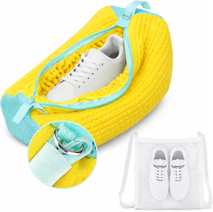 Shoe Washing Machine Bag, Shoe Laundry Bag for Washer and Dryer, Include Dry Net Bag, Reusable and Durable Zipper with Hook Design, Shoe Washing Bag for Sneaker (Yellow, 1 Pack)