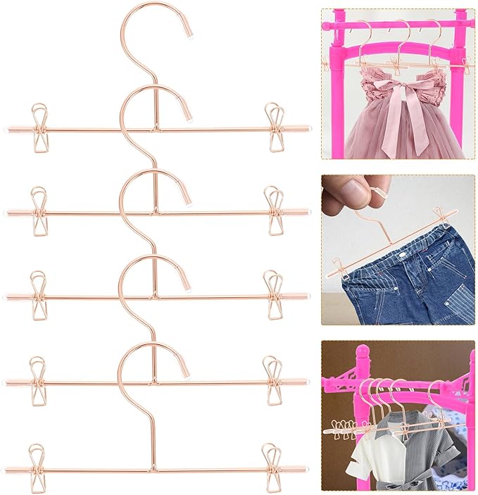Luxshiny 5Pcs Mini Clothes Hangers, Metal Outfit Hanger Decorative Miniature Hangers Ornaments Clothes Accessories (Rose Gold)