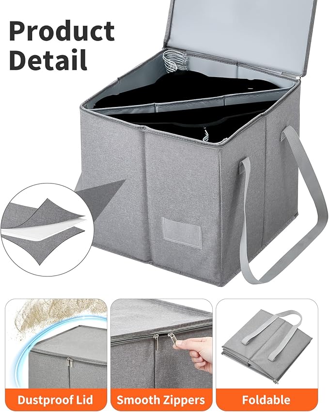 Qozary 2 Pack Clothes Hanger Organizer Bag-Rigid Hanger Storage Containers with Lid for Dustproof, Large Hanger Holder, Hanger Caddy Organizer Box with Handle-Keep Different Style Hangers Separate