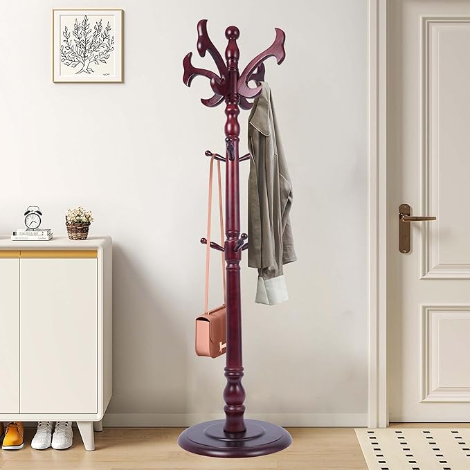 73”Vintage Wooden Coat Rack，With 14 Hooks and Sturdy Round Base.Sturdy and Durable Standing Coat Racks，Adjustable Wooden Freestanding Coat Rack for Porch，Bedrooms (Mahogany) (fishtail, 1 PCS)