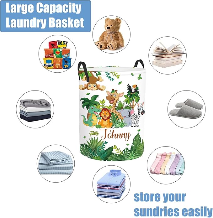 Personalized Name Baby Boys Hamper 2 Sizes, Custom Name Safari Animals Laundry Baskets for Toddler Kids Adults, Customize Baby Name Woodland Animals Print Storage Basket with Handles