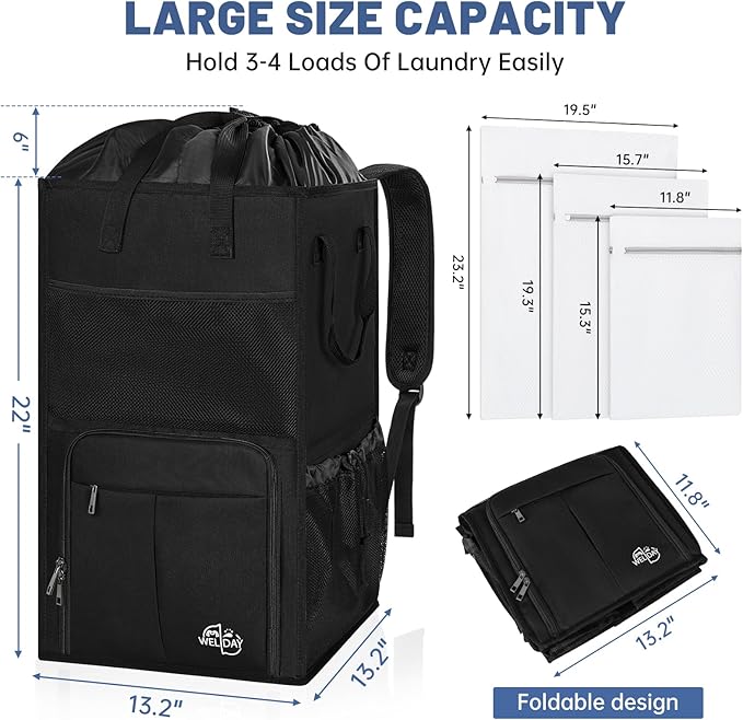 95L Laundry Backpack Bag with 3 Sizes Mesh Wash Bags Empty, Extra Large 2 in 1 Laundry Hamper Basket with Shoulder Straps, Freestanding Laundry Bag for College Dorm, Laundromat, Apartment (Black)