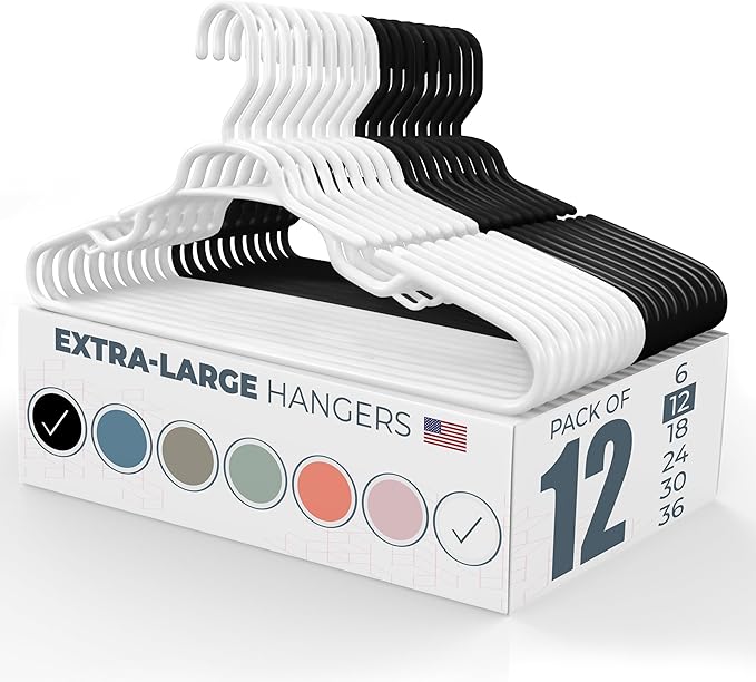 Neaties Large & Wide Heavy Duty Clothes Hangers 12 Pack – Made in USA – Ideal for Plus Size Clothing – 10lb Plastic Hangers with Notches for Oversized Adult Coats & Pants – White & Black