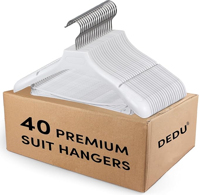 DEDU Suit Hangers for Men 40 Pack, White Coat Hangers Extra Wide Non Slip Width 17.7", Thick Plastic with Pants Bar & Metal Hook
