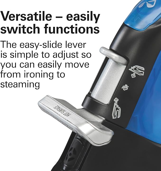 Hamilton Beach 2-in-1 Steam Iron for Clothes and Garment Steamer with 5 Temperature Settings, Nonstick Soleplate, 1200 Watts, 8’ Cord, Black & Blue (14525F)