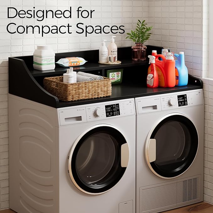 2-Tier Washer Dryer Topper,54" x 27.6" Washer Dryer Countertop with Non-Slip Mat, Laundry Room Organizer with Storage Shelf for Folding & Sorting Clothes, Black