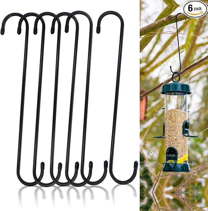 6 Pack 12 Inch Extra Large S Hooks for Hanging Plants, Black Heavy Duty Long Plant Hook for Hanging Baskets Outdoor Plant Hangers Extension Hooks for Bird Feeders,Kitchenware,Pergola