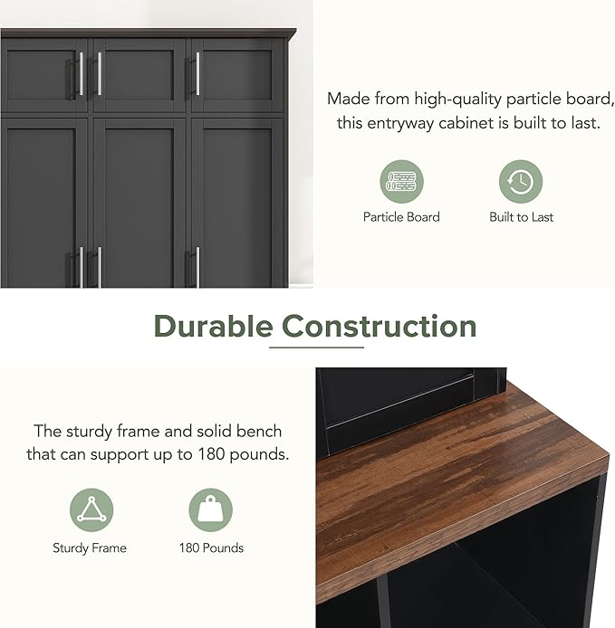 Multi-Functional Hall Tree with 4 Hidden Hanging Hooks, Brown Wood Grain Bench with Multiple Storage Space, Entryway Cabinet with Open Compartments for Living Room, Hallway (Black-15.6)