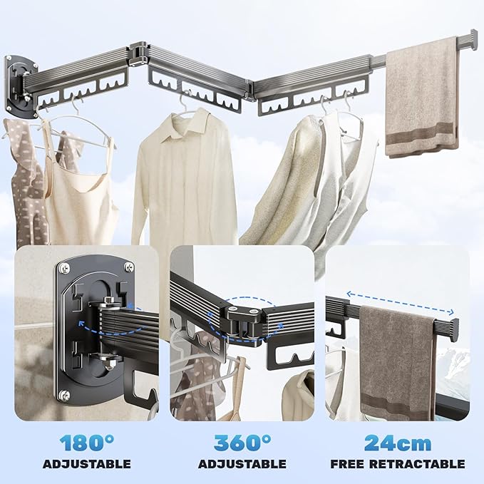 Clothes Drying Rack Wall Mounted,Expandable Drying Rack Clothing(Tri-Fold),Laundry Space Saver Wall Mounted,Portable,Space-Saving Drying Rack,for Balcony,Laundry,Bathroom, 220 lb Capacity