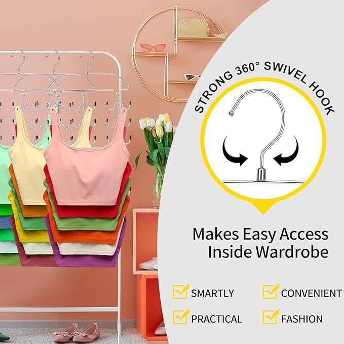 2 Pack Tank Top Hanger Space Saving, 6 Tier Metal Bra Hangers with 24 Hanging Hooks, 360° Rotating Closet Organizers and Storage, Small Space Solutions, RV Apartment College Dorm Room Essentials
