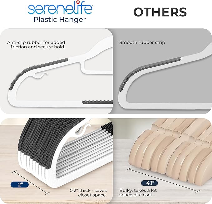 SereneLife Plastic Clothes Hangers, 30-Pack Hanger Set with Non-Slip Rubber Pads and 360° Swivel Metal Hook, Durable White Hangers for Shirts, Pants, Dresses, Space-Saving Closet Organizer