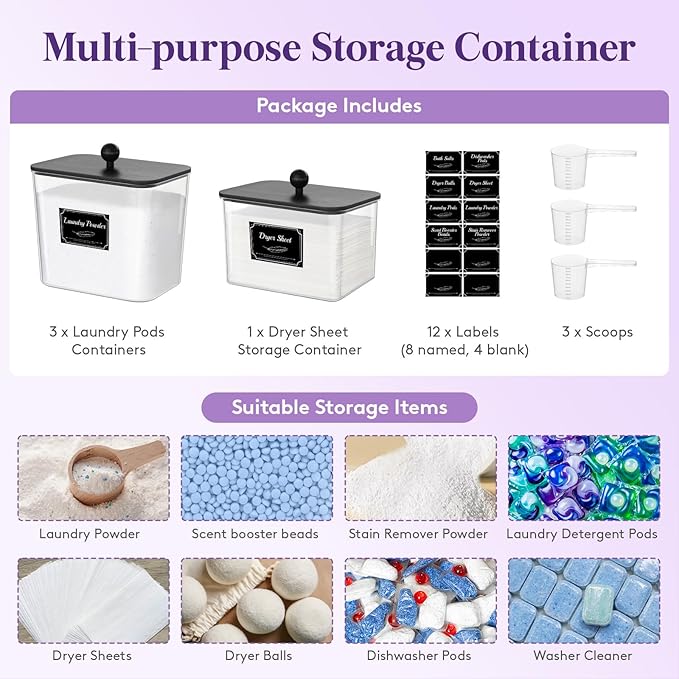 Lifewit 4 Pcs Laundry Pods Container with Bamboo Lid, Dryer Sheet Holder, Laundry Room Organization for Washing Powder, Scent Booster Beads, 2600 +2000ml/0.53+0.7gal
