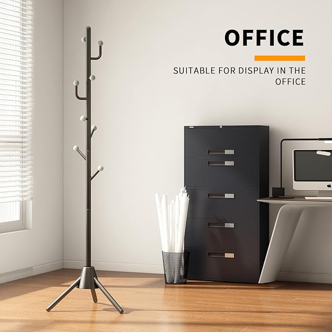Anti-Tip Coat Rack with 8LB Weighted Base, Heavy Duty Metal Coat Rack Freestanding with 8 Hooks, 3 Adjustable Height Sturdy Clothes Rack Space Saving Organizer Stand for Entryway, Bedroom, Office