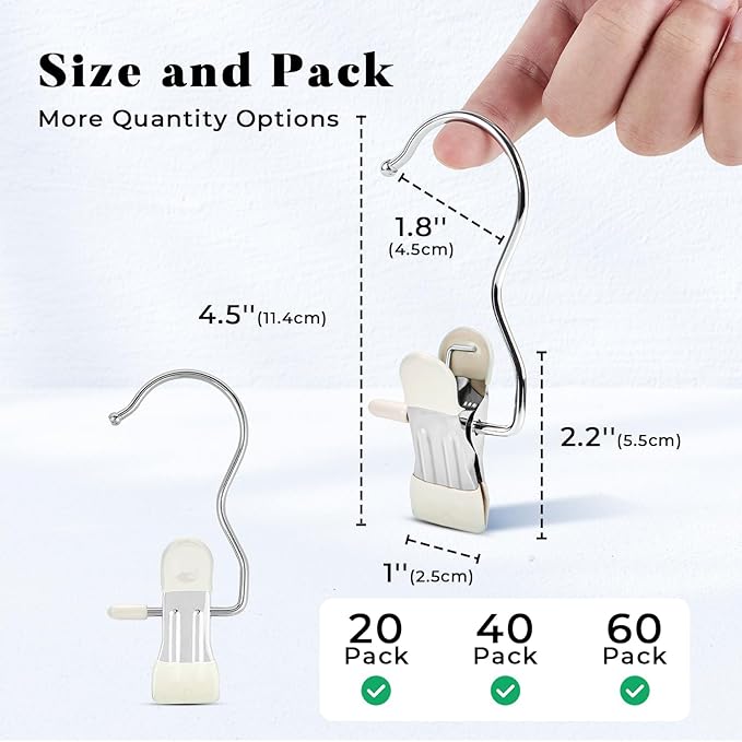 HOUSE DAY Legging and Yoga Pants Hangers with Clips 60 Pack, Closet Organizer Clips, Space Saving Hanging Clips for Hat, Bag, and Home Storage - Ivory