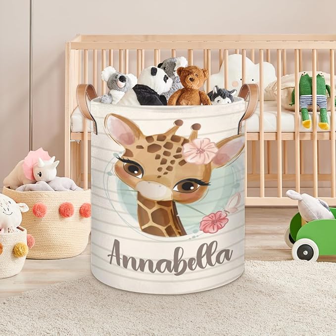 Personalized Laundry Basket, Custom Gift Laundry Hamper, Collapsible Nursery Waterproof Laundry Baskets, Dirty Clothes Toy Hamper with Handles Cute Griaffe