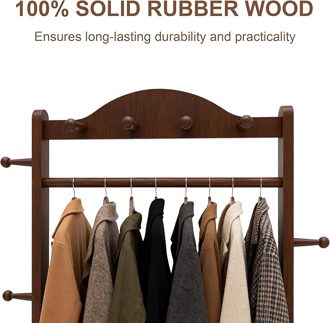 Coat Rack Freestanding Clothing Rack with Wheels - Heavy Duty Clothes Rack with 2 Shelves, Wooden Coat Hanger Stand with 4 Top Hooks & 5 Side Hooks for Entryway Hallway Living Room Office