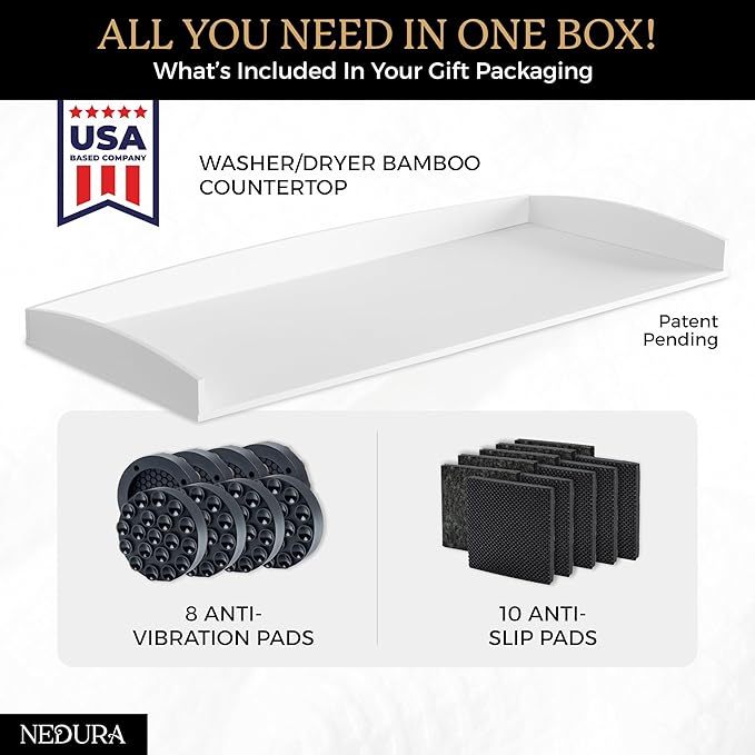 Nedura Washer Dryer Countertop for Washing Machine w/Anti-Vibration Pads &Curved Edge Rails, Premium Bamboo Laundry Countertop, Washer Dryer Topper, Laundry Room Organization, Laundry Accessory-White