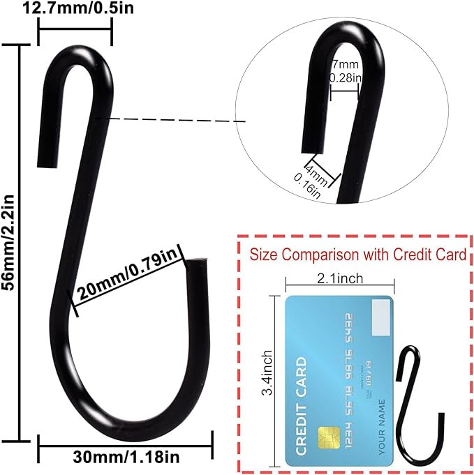S Hooks for Hanging Clothes, Plants, S Hooks Heavy Duty, Black S Shaped Hooks, Small Metal Hook, 20 Pack
