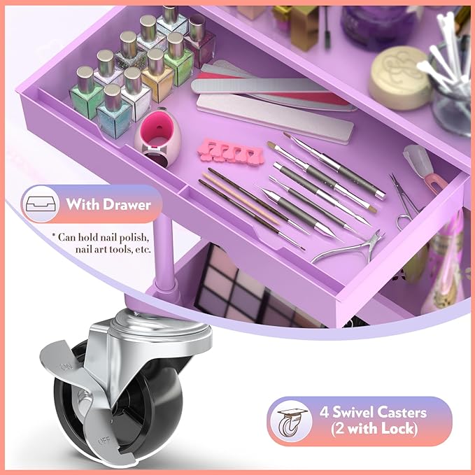 Makeup Cart Organizer with Drawers, 4 Tier Floor Skincare Organizers for Vanity, Rolling Makeup Bathroom Storage Cart Cosmetics Display Cases for Skin Care Perfume Nail Polish, Purple
