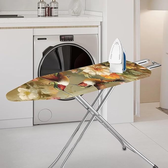 Hummingbird Floral Ironing Board Cover Heat Resistance and Resist Scorching Iron Board Covers Modern Art Decorations Standard Size 15×54 Inch with Elastic Fastener Straps