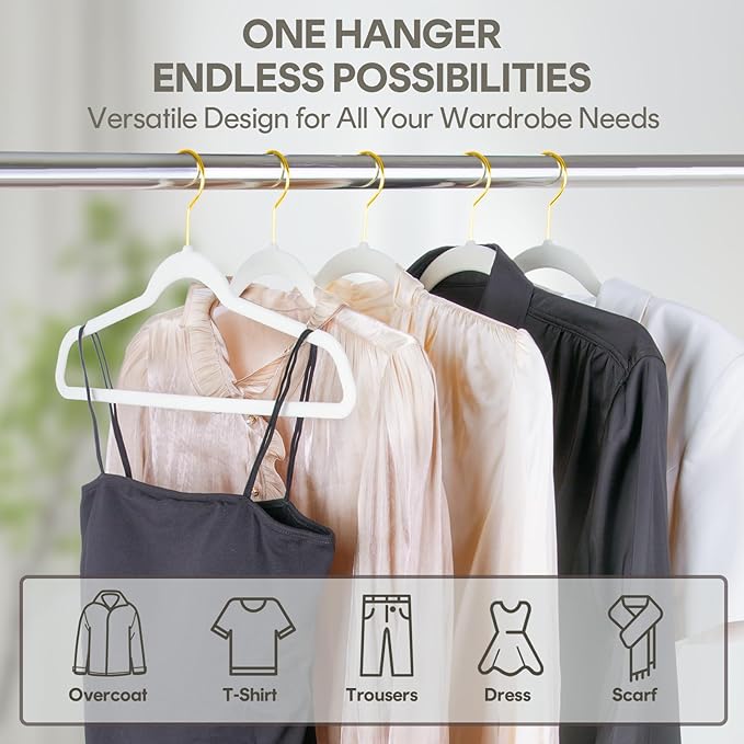 36-Pack Premium Velvet Hangers with Gold Hooks - Space-Saving Non-Slip Heavy-Duty Clothes Hangers for Coats, Suits, Dresses, and Sweaters - Slim Design, Closet Organizer (White-Gold)