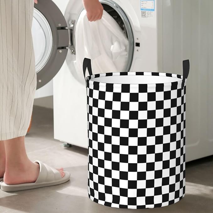 Laundry Basket Black White Checkered Decor - Waterproof Laundry Hamper Race Car Room Decor Collapsible Laundry Baskets With Handles - Toy/Clothes Storage Basket For Home Bedroom Bathroom Decor