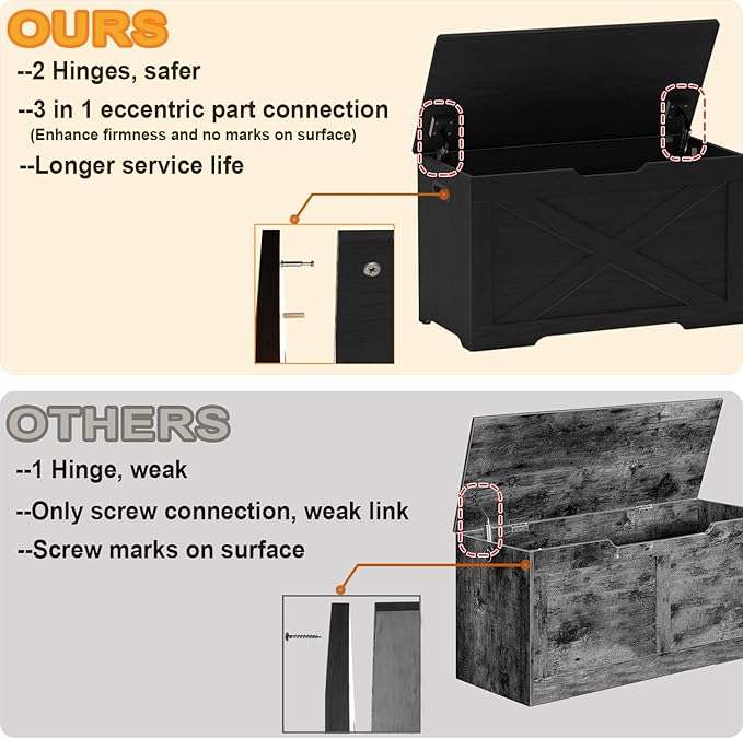 Storage Chest, Wooden Storage Bench, Entryway Shoes Bench with 2 Safety Hinges, for Living Room, Bedroom, 15.7 x 31.5 x 18.9 Inches, Black