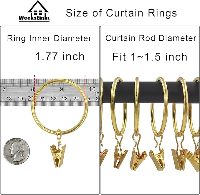 40 Pack Gold Curtain Rings with Clips, Curtain Hooks Hangers Clip Rings for Hanging Drapes Bows Hat, Drapery Rings 1.77 in I D, Fits up to 1.5 in Diameter Curtain Rod.