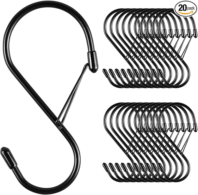 Dreecy 4 Inch S Hooks for Hanging with Safety Buckle, 20 Pcs Heavy Duty Metal S Hooks with Stopper Non Slip, Closet Hooks for Hanging Plants, Clothes, Kitchen Utensil, Pots, Pans, Bags (Black)
