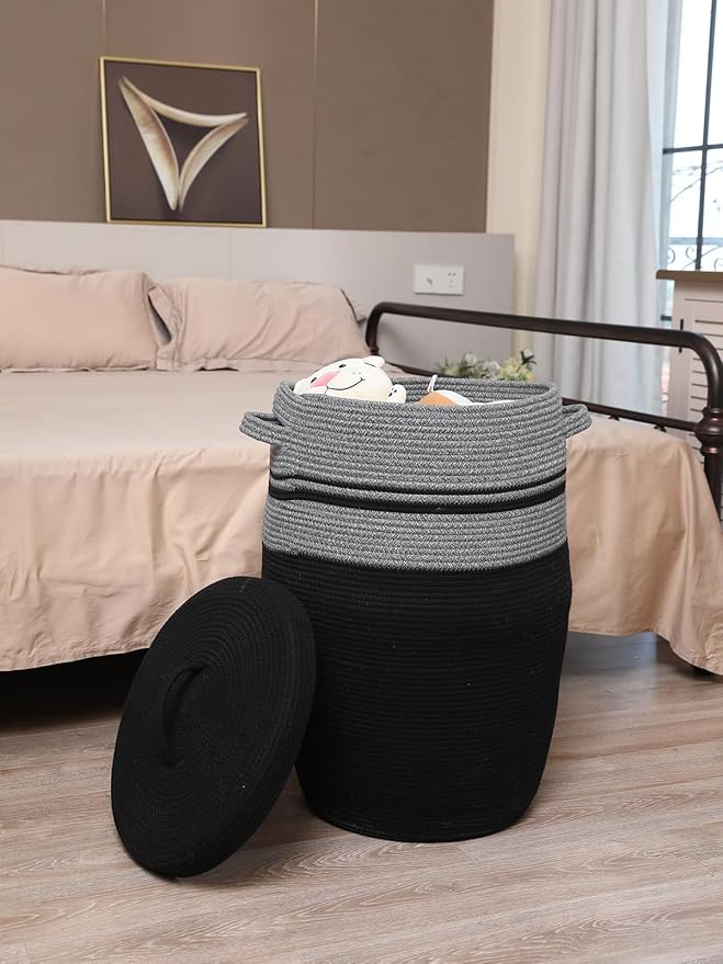26" x 20" Handcrafted Tall Cotton Rope Basket with Lid, Stylish Flagon Shape with Cover, Clothes Hamper with Top, for Bedroom and Living Room, Grey Mix/Black