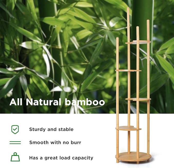 Bamboo Coat Rack Freestanding with 5-Tier Shelf, Coat Hanger Stand for Clothes/Bags/Hats, Home Office Hallway Entryway Storage Display Rack Stand with 4 Hooks 5 Storage Shelves