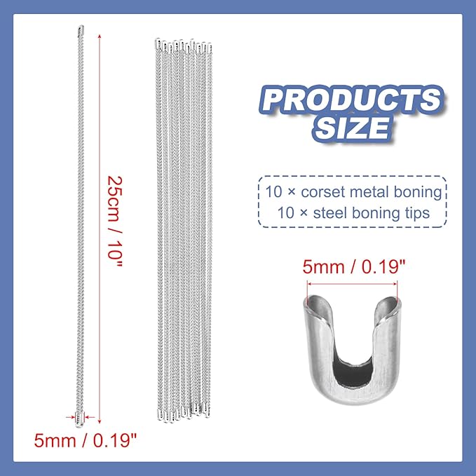 PATIKIL 10 Pcs 10 Inch 304 Stainless Steel Metal Steel Spiral Corset Boning, Metal Boning with 10pcs 5mm Boning Tips for Sewing Corset, Making Costume,Hoop Skirt, Collar (5mm Wide)