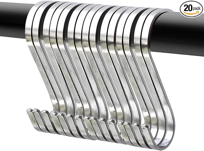 YourGift 20 Pack Flat S Hooks Stainless Steel 3 inches S Shaped Hanging Hooks for Kitchen, Bathroom, Bedroom and Office (Medium)
