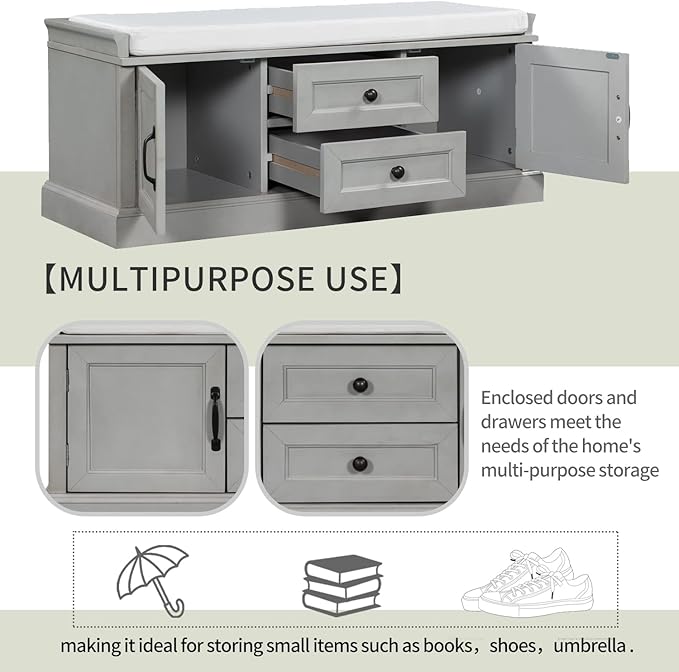 Knocbel 42.5" Entry Storage Bench with Removable Cushion, 2 Drawers and 2 Cabinets, Entryway Hallway Foyer Shoe Bench End of Bed Bench with Aluminum Handles, 200lbs Weight Capacity (Gray Wash)