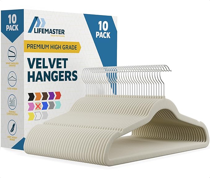 Lifemaster Velvet Clothes Hangers – With 360 Degree Swivel Hook and Non-Slip Shoulder Notch, Holds Up To 10 lbs, Heavy Duty Hanger Set, For Organizing Suit, Dress, Coat, and Clothes, Pack of 10, Ivory