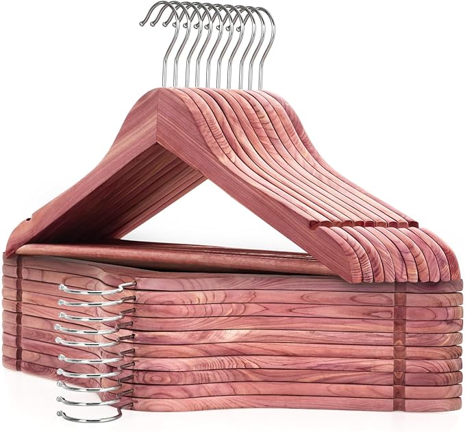 TOPIA HANGER 20-Pack American Red Cedar Wooden Hangers, Clothes Hangers for Closet, Wood Coat Hanger with Smooth Cut Notches, 360° Swivel Hook, Non-Slip Pants Bar-CT54C20