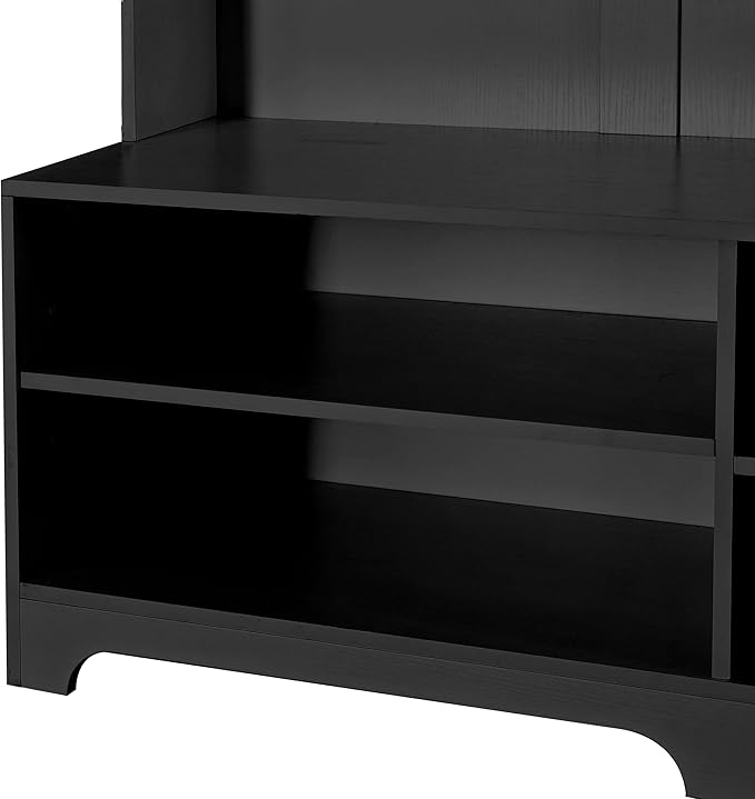 4-in-1 Wide Hall Tree with Shoe Bench, Coat Rack, Shoe Storage, Storage Shelves and Pegboard, Wood Entryway Coat Hanger for Hallways Halls Living Room (Black-757)
