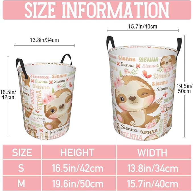Sloth Laundry Basket,Personalized Laundry Hamper for Boys Girls,Custom Laundry Basket With Name, Customized Dirty Clothes Hamper for Bathroom Bedrooms,S-16.5"X 13.8"