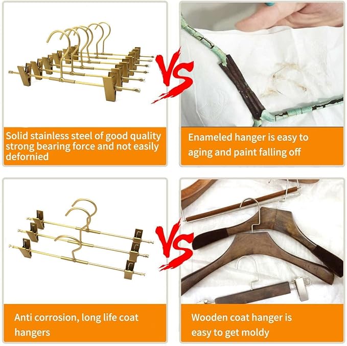 11.8" Gold Matt Aluminium Metal Bottom Clips Pants Trousers Clothes Hangers,10 Pack Heavy Duty Space Saving Durable Adjustable Clips Legging Organizer,Toddler Infant Hangers Shirts Newborn