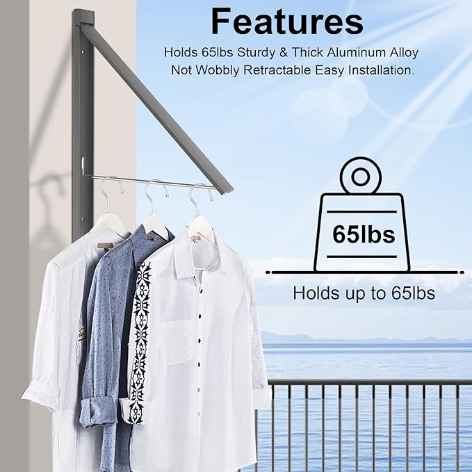 Wall Mounted Drying Rack - Foldable Aluminum Clothes Hanger, Retractable Space Saving Laundry Organizer, 65 lbs Capacity (Gray)