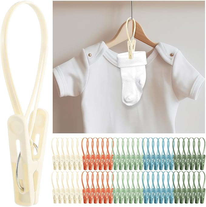 Honeydak 60 Pack Multi-Purpose Laundry Hooks Hanging Clips Bulk with Plastic Rope Hanger Clips for Baby Clothes Closet Organizer for Pants Hat Sock Boot Bra Towel Bathroom Wardrobe (Classic Colors)