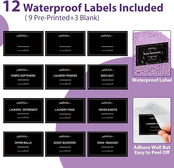 2 Pack Clear Laundry Pods Container, Plastic Square Laundry Room Organization and Storage Jars with Black Lids, Scoops & Labels for Detergent, Powder, Dryer Balls