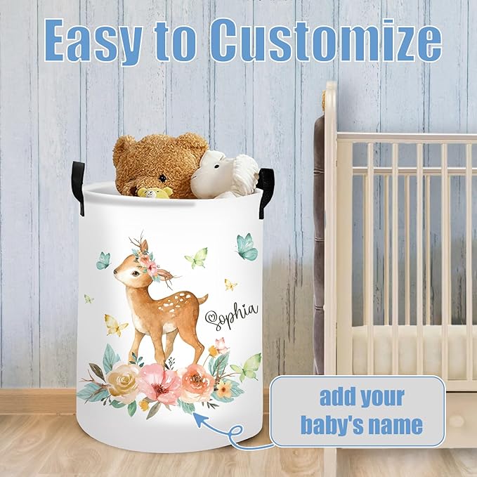 Custom Name Deer Laundry Baskets for Nursery Utility Room, Personalized Toddler Laundry Basket with Name, Customize Baby Name Laundry Hamper Kids Storage Organizer 2 Sizes