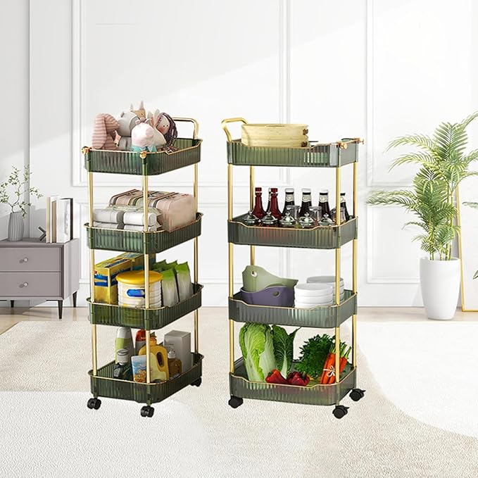 4-Tier Acrylic Rolling Storage Cart, Rolling Utility Cart, Kitchen Cart with Wheels for Bathroom,Living Room, Kithcen, Office Storage and Organization (14''X10''X37'')(Green)