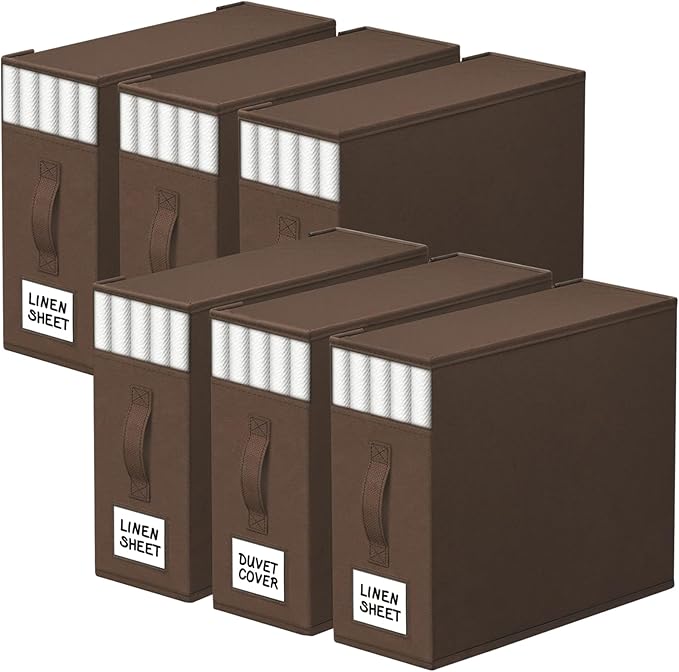 6 Pack Bed Sheet Closet Organizers and Storage,Sturdy Foldable Storage Containers with Window and Label,Storage and Organization for Bedding Sheets,Duvet Covers,Blankets (Brown)
